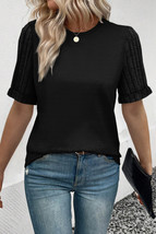 Black Ribbed Splicing Sleeve Round Neck T-shirt - $9.28