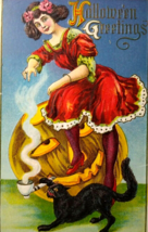 Halloween Witch Postcard Fantasy Lions Head Pumpkin JOL Smoking Pipe Black Cat - £65.78 GBP