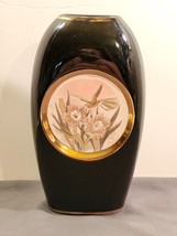 Vintage Japanese Art of Chokin Black Porcelain Vase Gilded Hummingbird &amp;... - $27.72