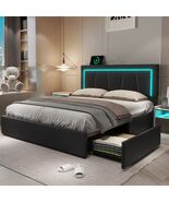 Marco Cama Con Plataforma Cabecero Respaldo Tapizado Queen con luces LED... - $356.34