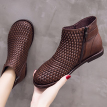Boots Women short boots Woven cowhide Flat casual shoes Autumn and winter flat a - £96.26 GBP