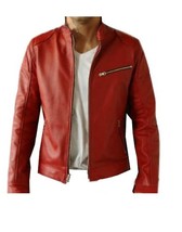 Elegant Red Biker Jacket Men Leather With front Zipper Tab Collar Trendy... - $2,546.82 MXN