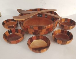 Vintage Wood 8 pc Salad Bowl Set MCM Teak Wooden Mid Century Checker Handmade - $29.46