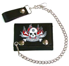 Outlaw Skull Head Black Color Trifold Biker Wallet W Chain Mens Leather #596 New - £9.50 GBP