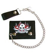 OUTLAW SKULL HEAD BLACK COLOR TRIFOLD BIKER WALLET W CHAIN mens LEATHER ... - $16.05 CAD