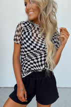 Black Checker Mesh Crew Neck T Shirt - $120.54 MXN