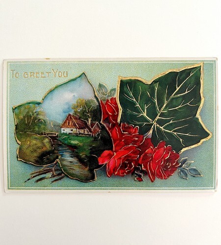 Greeting Victorian Card Postcard Cottage Red Roses Embossed 1900s Floral PCBG11B Item image 2