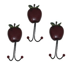 Apple Coat Hooks Wooden Lot Of 3 Double Arm Hook Farmhouse 9.5&quot; Red Realistic - £23.08 GBP