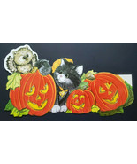 Vintage Flocked Halloween Black Cat &amp; Pumpkins Owl Die Cut Decoration 17x9&quot; - £19.91 GBP