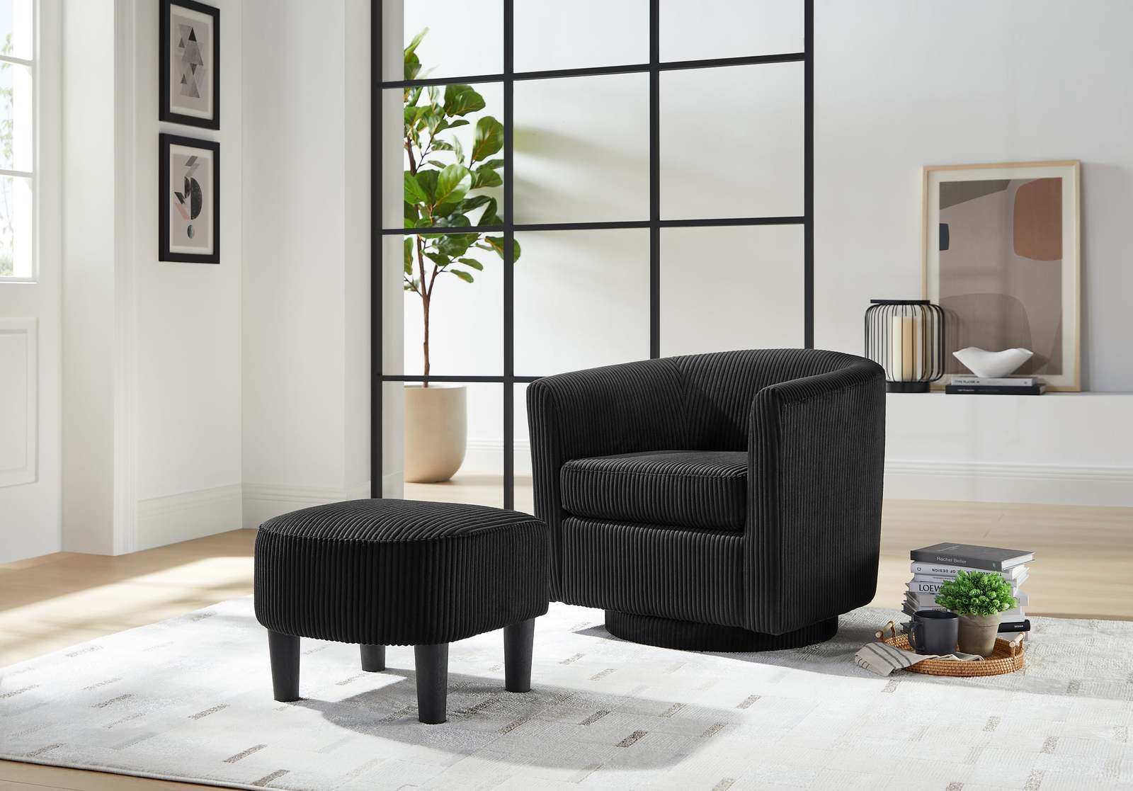 Black Corduroy 360° Swivel Accent Recliner Chair with Ottoman Item image 4