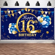 Happy 16Th Birthday Banner Decorations For Boy - Blue Gold 16 Birthday Backdrop  - £19.17 GBP