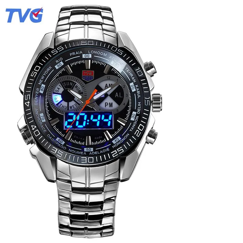 Watch Men  Waterproof Watch Double Display  TVG  Digital LED  Writewatch Stainle - £49.31 GBP