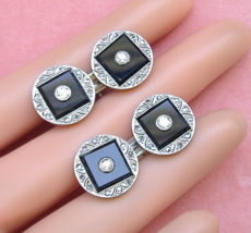 Art Deco 1ctw Diamond 2.7ctw Onyx Platinum Double Cufflinks 1930 France Signed - £1,922.76 GBP