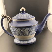 Vintage Bombay Co Blue &amp; White Teapot W/Lid Silver Trim 8.5&quot;T x 10&quot;W - £72.20 GBP