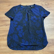 Lands End Blue Black Floral Short Sleeve Blouse Exposed Zipper Womens Si... - $23.76