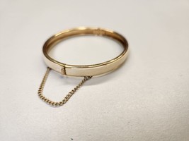 Vintage Gold With White Leather Hinged Cuff Bangle Bracelet Safety Chain 1950s - £28.31 GBP