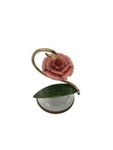 Vintage Small Gold Metal Bell Pink Flower w Green Leaf Made in Korea - £5.27 GBP