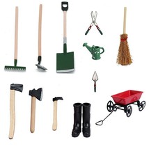 AirAds Dollhouse 1:12 Miniature Yard Garden Tools Shovel,Hoe,Rake,Wagon, Set 11 - £12.88 GBP