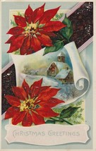 Vintage Postcard Christmas Church in Snow Greetings Poinsettias Gel Card - £5.38 GBP