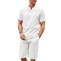 Men&#39;S 2 Pieces Linen Set Casual Henley Shirts Short Sleeve Beach Yoga Sh... - £62.53 GBP