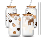Glass Cups with Lids and Straws with Boho Design, 4Pcs   - $36.90