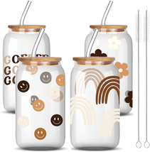 Glass Cups with Lids and Straws with Boho Design, 4Pcs   - £28.84 GBP