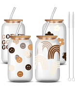 Glass Cups with Lids and Straws with Boho Design, 4Pcs   - £29.15 GBP