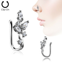 Clip On Nose Ring Vine CZ Marquise Non-Piercing Nose Ear Clip Stud Nostril Ring - £3.89 GBP