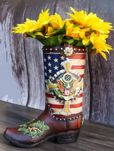 Rustic Western USA Flag Military Cross Olive Branch Cowboy Boot Vase Pla... - $39.99