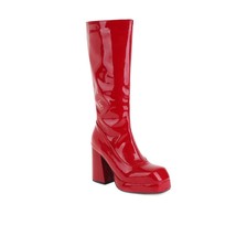 Torcycle boots shoes white black red high heels patent leather square toe solid fleeces thumb200
