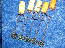 handmade wine CORK KEY CHAIN w/flower silver/black color blue stones (ke... - $4.90