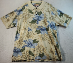 Caribbean Joe Polo Shirt Men Size XL Beige Floral Rayon Short Sleeve Slit Collar - £17.26 GBP