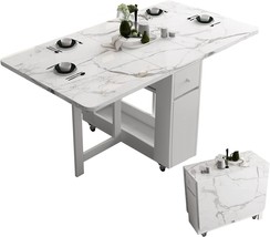 Folding Dining Table With Rack And 2 Storage Drawers, Movable Extendable, White - £395.20 GBP