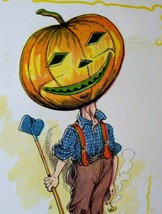 Halloween Postcard Farmboy Goblin Man Fantasy Pumpkin Head In Suspenders Farm - £171.60 GBP
