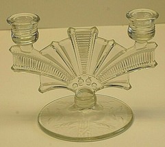 Art Deco Fan Candlestick Candle Holder Clear Pressed Glass Double Etched... - £31.14 GBP