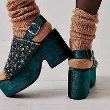 Free People Nicola Wedges Heel Sandals Velvet Beaded Chunky Green 39 US 8.5 - £104.39 GBP