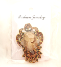 New in Package Cameo Amber Garnet Jeweled Brooch Gold Tone Victorian Style - £8.57 GBP