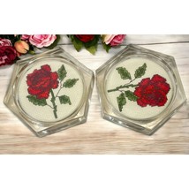 Vintage Rose Flower Coasters Cross Stitch Acrylic Set of 2 Hexagon Handmade - $16.95