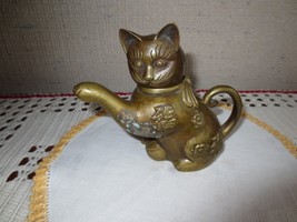 Vtg. Asian Solid Brass Raised &amp; Inscribed Miniature Cat Teapot - 4-1/2&quot;h X 5&quot;w - £22.67 GBP