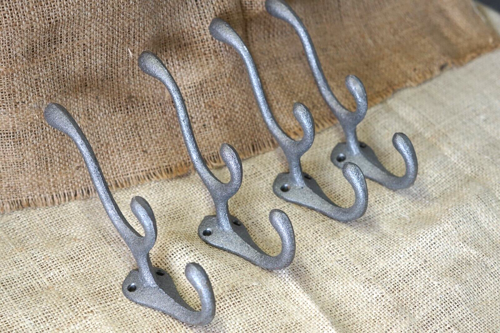 4 Cast Iron TRIPLE SCHOOL Style Coat Hooks Hat Hook Rack Hall Tree Tack ... - $23.99