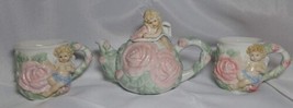 Avon Shabby Victorian Chic Angel with Pink Roses Designed Tea Pot with  2 Mugs - £47.78 GBP