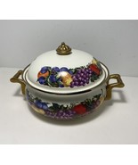 Vintage Lincoware Enamel Casserole Dish Cornucopia Fruit Brass Handles 8... - $19.25