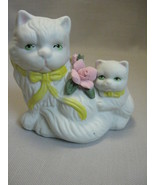  Figurine Statue White Persian Cat  Kitten Upraise Flower Leaves Bisque ... - £9.27 GBP