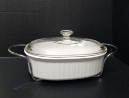 Corning Casserole Dish French White Oval Baking Pyrex Lid Metal Carrier ... - $22.77