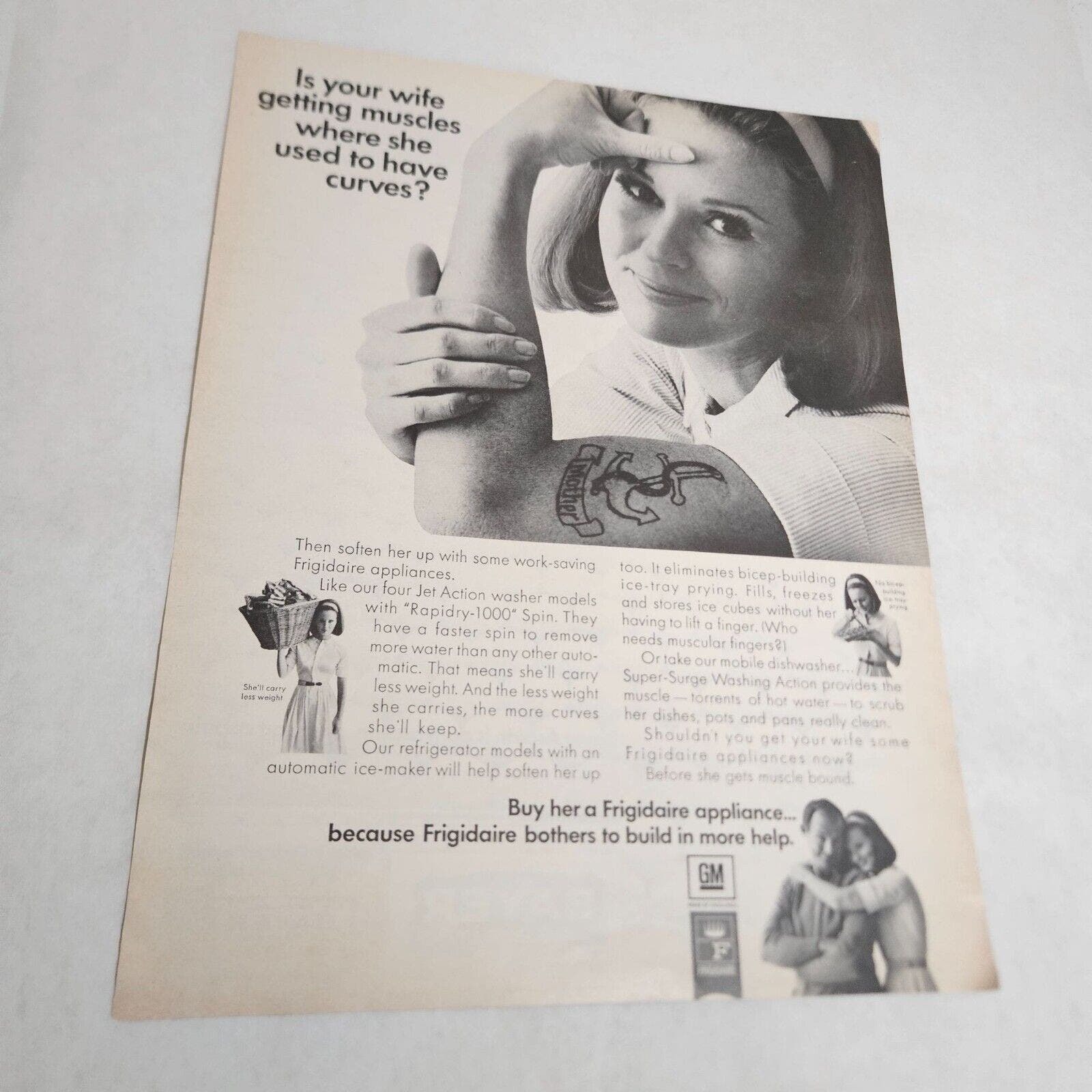 Frigidaire Appliance Wife Getting Muscles Used to Have Curves Vtg Print Ad 1967 - $10.98