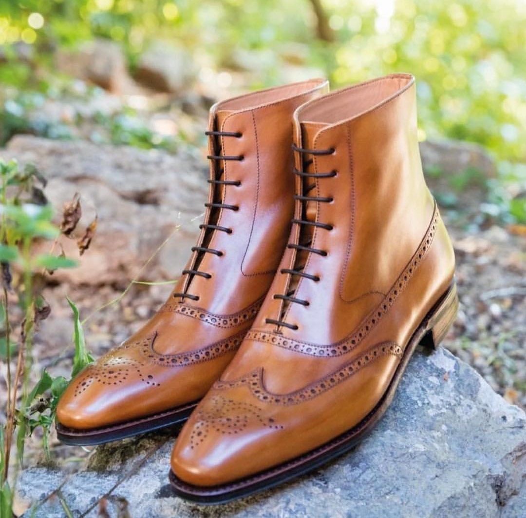 NEW Handmade Men's New Tan Color Wing Tip boot, Men's Lace Up Leather Dress Boot