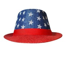 RED WHITE BLUE USA Stars Patriotic Burlap Brimmed Fedora Hat Celebration... - $12.19