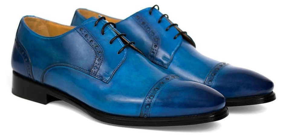 Hand Made Men Blue Rounded Cap Toe Derby Lace Up Genuine Leather Shoes US 7-16