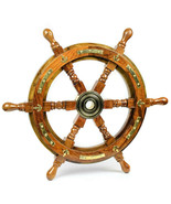 18 inches Vintage Ship Wheel Wooden Brass Anchor &amp; Strips Wall Hanging D... - £48.08 GBP