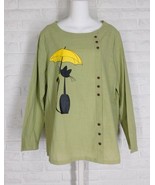 ONEINE Shirt Tunic Cat Yellow Umbrella Green Cotton NWT Large - $24.74